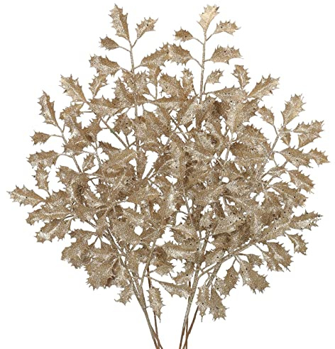 6PCS Kunstzweig Weihnachtsdeko Kunstpflanze Weihnachtsblätter Zweig Glitzernde Eichenblätter Dekozweig mit Glitzern, Länge 58CM