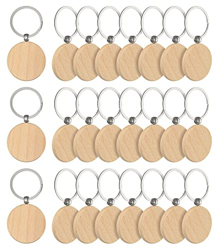 efuturetime 24PCS Schlüsselanhänger Holz Blanko, Rund, Wooden Keychain Schlüsselring, Beschriftbar Schlüsselanhänger Rohlinge Holz für DIY, Malerei, Dekoration, Geschenke