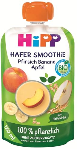 HiPP Bio Quetschie Hafer Smoothie Pfirsich Banane Apfel mit Haferdrink (6 x 120ml), ab 1 Jahr, 100% pflanzlich, ohne Zuckerzusatz, vegan, in bester Bio-Qualität