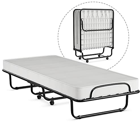 LIFEZEAL Klappbett, Klappbares Gästebett im Metallrahmen, Faltbares Einzelbett mit Matratze aus Memory Foam, Erwachsene Metallbett auf 4 Rädern (Weiß, 190 x 80 x 39 cm)