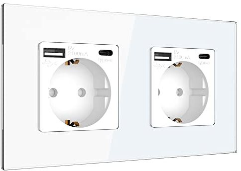 PULSAR USB-C USB-A Steckdose Unterputz Glas Weiß 2-Fach, Schnellladen | Steckdose USB-C USB-A 2-Fach Glas Weiß - Doppelsteckdose Unterputz mit 4 USB-Schnittstellen max 20W Schnellladen
