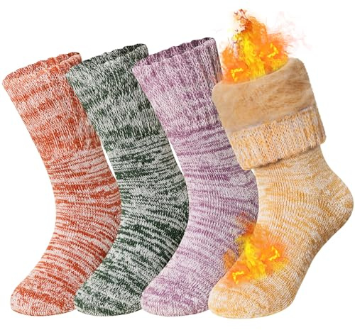 AMENLAN Kids Heated Hiking Socks Winter Children Thick Soft Warm Thermal Snowboarding Boy Girls Insulated Socks 4 Pairs (Multicolor A, 8-12 Years)