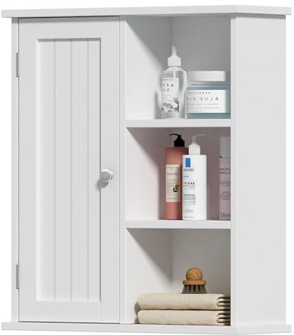 Treocho Badezimmer-Wandschrank, Medizinschrank mit Tür und 3 offenen Regalen, Wandmontage, Aufbewahrungs-Organizer für Badezimmer, Küche, Wohnzimmer, Weiß