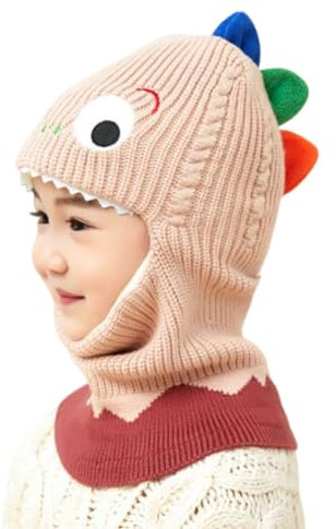 URFEDA Kinder Schlupfmütze Kinder Wintermütze Jungen Mädchen Schalmütze Fleece Gefüttert Strickmütze Winter Warm Niedlich Dinosaurier Beanie Mütze Kindermütze mit Fleecefutter für Kleinkind 1-5 Jahre