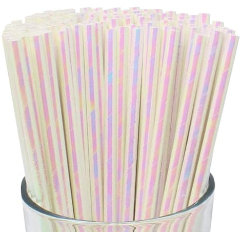 FSSTUD 100 Pcs Iridescent Paper Drinking Straws Cocktail Party Straws Wedding Bridal Shower Straws Juice Shake Straws Cake Topper Sticks White