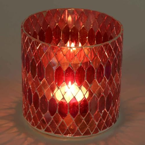 Marokkanisches Mosaik-Windlicht Rayan ROT M Ø 10cm rund aus Glas handgefertigt | Stimmungslicht Teelichthalter marokkanische Tisch-Deko Mosaik-Kerzenhalter wie aus 1001 Nacht | WZ160-M