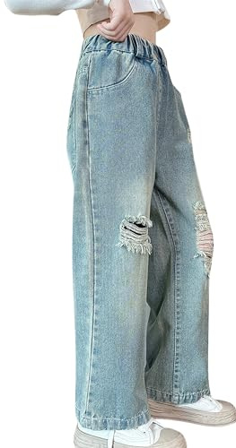 FEOYA Kids Girls' Casual Wide Leg Baggy Jeans Children Retro Denim Ripped Pants Loose Trousers Vintage Streetwear E1 11-12 Years