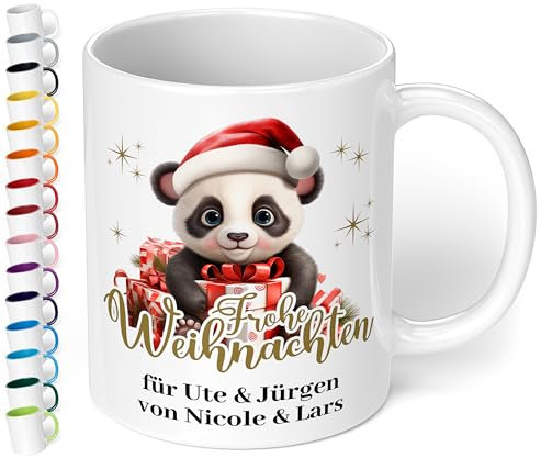 True Statements Kinder Weihnachtstasse personalisiert „Frohe Weihnachten“ Panda-Motiv 330ml Keramik Tasse mit Namen Mädchen Junge – Geschenk zu Weihnachten (Weiß)