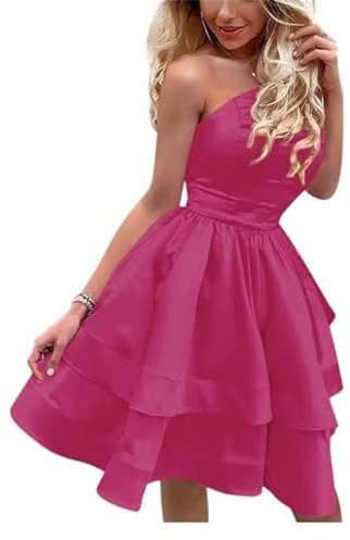 WSEYU Vestido de satén de un hombro para junior, vestido corto de graduación, mini vestidos de cóctel, fucsia, 36