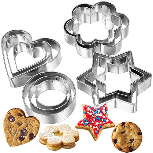 Metal Cookie Cutters Set - Star Cookie Cutter Stainless Steel Round Biscuit Cutter Heart Small Star Cookie Cutters Mini Flower Molds Cutter for Baking (12 Round Heart Flower Star Cookie Cutters)