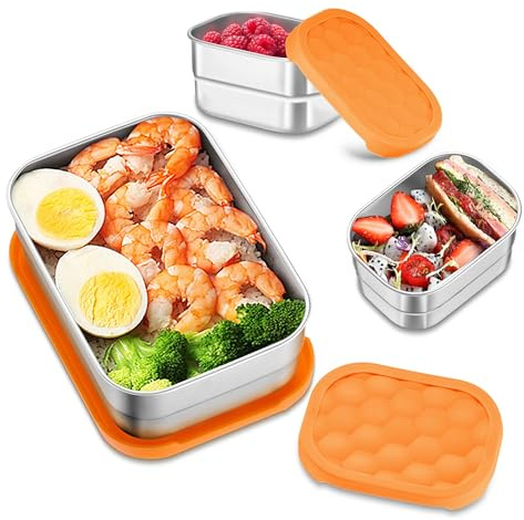 HaWare Stainless Steel Lunch Box for Kids, Leak Proof Food Storage Containers with Silicone Lids, Easy Open Bento Box for School and Daycare, Portable Metal Snack Box, Dishwasher Safe (8oz*2+25oz)