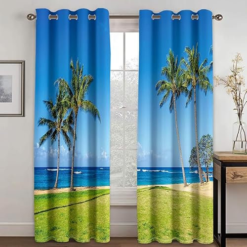 Rptidmv Vorhänge mit Ösen 2er Set Blauer Kokosnussbaum Modern Blickdichte Vorhang Thermovorhang Kälteschutz Verdunklungsvorhänge für Wohnzimmer Schlafzimmer Kinderzimmer 140 x 175 cm (BxH)