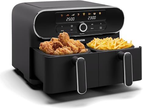 Klarstein AuraAir Color Touch Dual Freidora de Aire Caliente Doble – 10L, 1700W, 8 Programas, Pantalla Táctil, 2 Compartimentos, 75% Menos Grasa, Protección Sobrecalentamiento, Negro/Plata