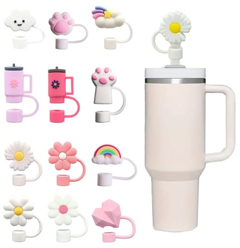 lbxtswpl Straw Covers Cap, 12PCS Silicone Straw Toppers, Reusable, Dust-Proof, Leak-Proof, 10mm Straws, 12 Count, Set of 8 Unique Designs