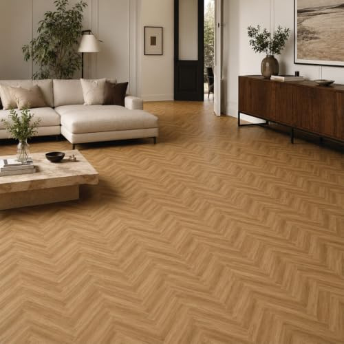 Built Right SPC Vinyl Click Lock Herringbone Flooring – Country Oak Wood Effect Planks, 6.5mm Thick, Easy DIY Installation, Luxury Vinyl Flooring for Bathroom, Kitchen, Bedroom – 1.11m² Pack
