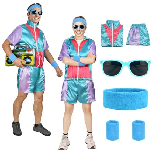 Aomig Disfraz Años 80, Chándal Retro, Diadema Muñequera Azul M
