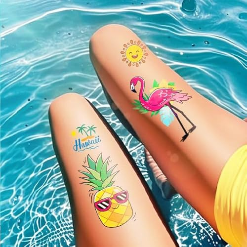 Acevegue Poolparty Kindergeburtstag 104 Blätter Tattoos für Kinder, Hautfreundlich Wasserdichte Temporäre Tattoos Erwachsene, Hawaii Sommer Beach Party Mitgebsel Deko Sticker Sommerferien Geschenk
