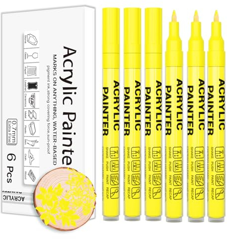 Alitastro Yellow Acrylic Paint Pens 6 Pcs Permanent Marker Pens Extra Fine | Waterproof, Quick Dry, Non-fading, 0.7mm Water-based Acrylic Pens for Rock Painting Glass Stone Ceramic Metal Fabric Pebble