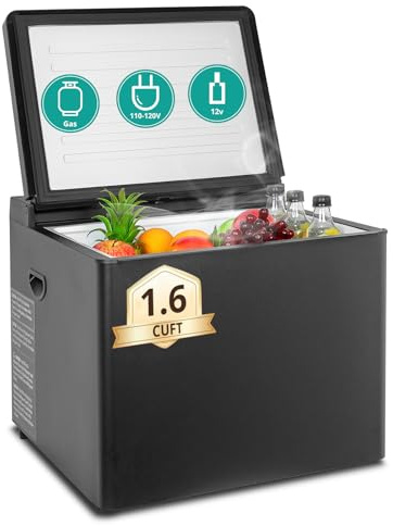 Small Propane Fridge 1.6 Cu.Ft Gas Cooler LPG Top Load Propane Chest Refrigerator Gas Absorption 110V for RV Off Grid Outside, 32 °F to 50 °F, Black