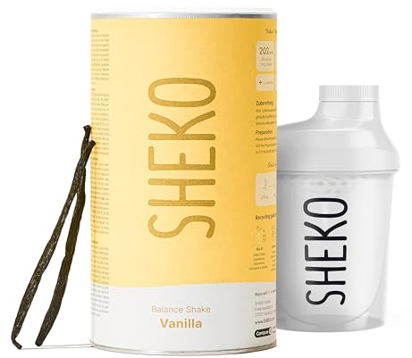 SHEKO Balance Shake Vainilla + Shaker - 21 batidos cremosos de sustitución de comidas para adelgazar, rico en proteínas, sin gluten y sabor natural, batido adelgazante