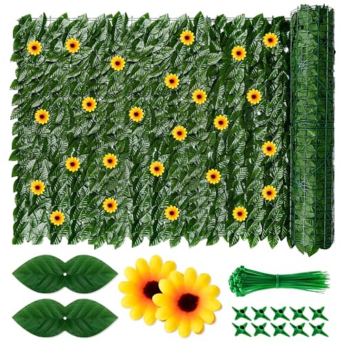 E1mity Clôture de lierre artificiel, 1 x 3 m, rouleau de haie de pothos luxuriante avec protection UV, gazon artificiel extensible avec tournesols réalistes pour balcon, mur, décoration extérieure