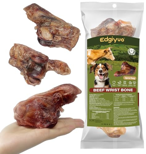 3 pezzi di ossa di polso di manzo nutrito con erba per cani adulti - Snack naturale monocomponente, snack di lunga durata per cani che masticano con forza, razze piccole e grandi (L2)