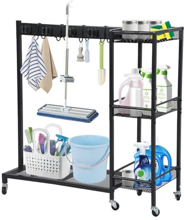 Reinigungswagen 85 × 62 × 30 cm – Mobiler Putzwagen mit Mopphalter & Besenhalter, 6 Räder mit 3 Bremse, 6 Gerätehalter & 2 Doppelhaken, 3 Ablagen – Haushalt & Reinigungstrolley