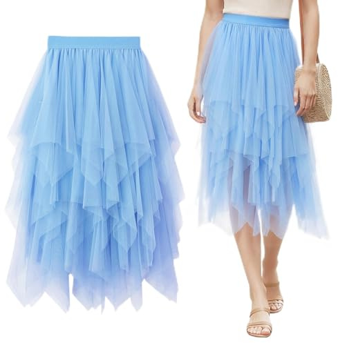Keyck Dam oregelbunden tutu tyllkjol, lång elastisk A-linjeformad tyll, elegant avslappnad skiktad balett kjolar för karneval julfest prom, Blå, one size