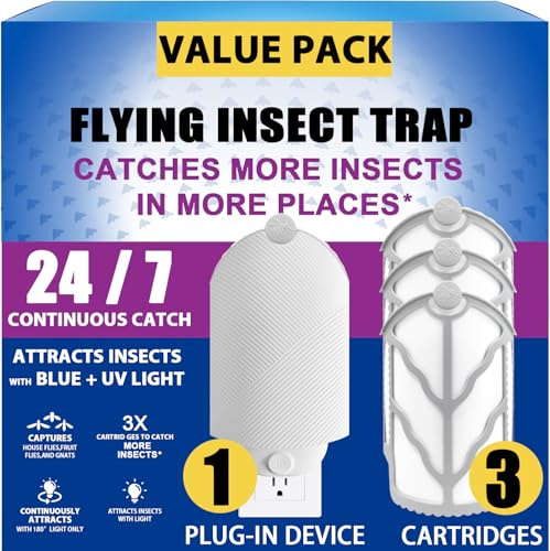 Piège à insectes volants (1 stater et 3 cartouches de recharge), attrape-insectes d'intérieur à lumière UV pour moucherons, mouches des fruits, moustiques et mites, piège à mouches enfichable pour la