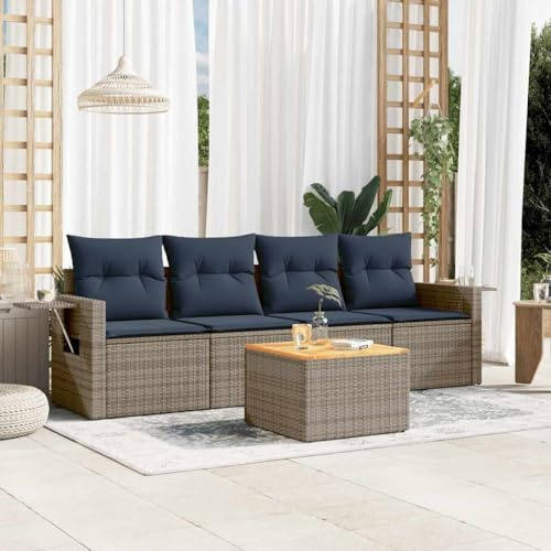Hoopleep 5-teiliges Gartensofa-Set, grau Polyrattan, mit Kissen, klappbarem Beistelltisch, für Terrasse, Balkon, Außenbereich, UV-beständig