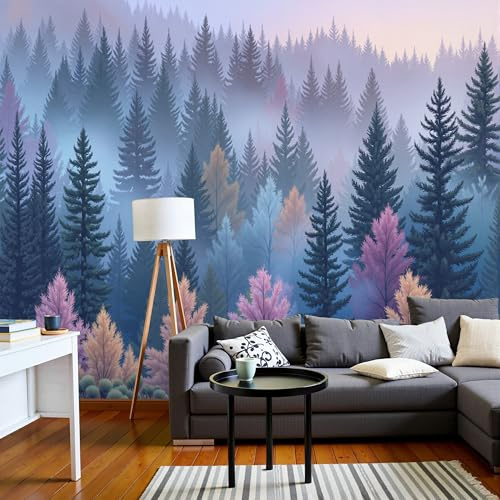 Carta Da Parati Fotografica Foresta Di Pini Alti,200L×140Acm Effetti 3D Murale Stile Acquerello Poster Decor Da Parete Per Soggiorno Muro Di Sfondo,Viola