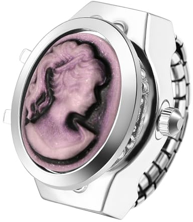JewelryWe Ringuhr Damen Elastische Fingeruhr Vintage Analog Quarz Fingerringuhr mit Kamee-Motiv Dehnbarer Metallband Ring Uhr Uhrenring