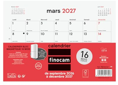 Finocam Calendario Bloc con Imán 16 Meses 2026 2027 | Mes Vista · Septiembre 2026 - Diciembre 2027 | Neutro · Idioma: Francés | Planificación y Organización. Septiembre 2026 – Diciembre 2027. Ideal para superficies metálicas