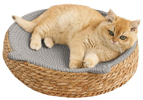 Lettino per gatti in tessuto – 35 x 35 x 10 cm, tavola da grattare tonda per gatti, corda in cotone con orecchie | traspirante a mano per alleviare la noia, cuscino per esercizi securi