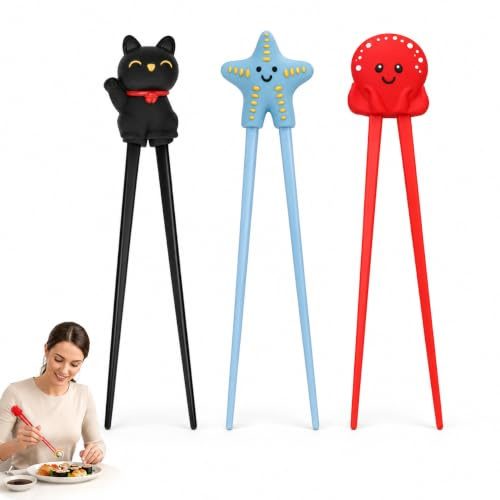 3 PCS Chopsticks, Chopsticks for People Chopstick, 3-Piece Chopsticks Set with Blue Star Red Octopus Black Lucky Cat Designs, 22 cm Length for Home Dining and Cultural Experiences