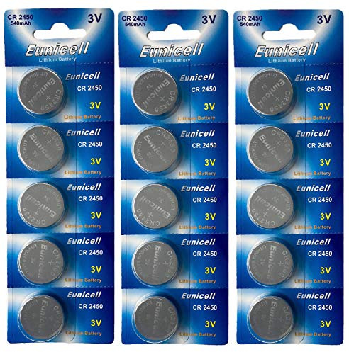 Eunicell Lot de 15 piles boutons au lithium CR2450 3 V 540 mAh (3 plaquettes de 5 piles sous blister) Produits de marque jetables