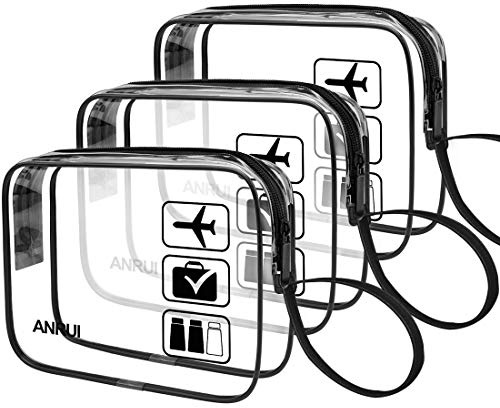 ANRUI TSA-genehmigte, transparente Reise-Kulturtasche mit Griffgurt, Fluggesellschaft-Set 3-1-1, transparente Flüssigkeiten, Toilettenartikel und Kosmetik-Organizer, Handgepäck, für Damen und Herren, Schwarz , 3er-Pack, Kulturbeutel
