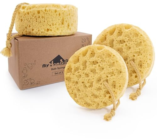 myHomeBody Esponja de baño, esponja corporal para ducha, Redonda, Pack de 3 | esponja de espuma, exfoliante corporal para baño, puf de ducha exfoliante para ducha, tamaño grande, mucha espuma, natural