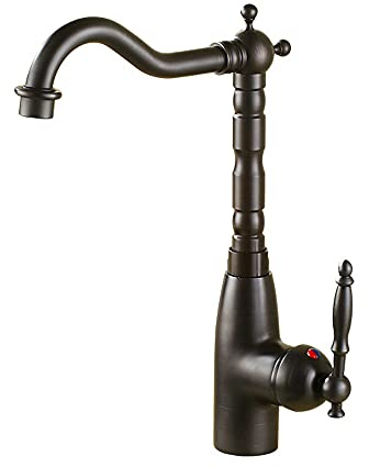 ALYHYB Latón Antiguo Diseño único Accesorios de plomería Un Solo Orificio Caño Curvo Largo Grifo de Cocina Grifos Monomando de baño Lavabo de Bronce Negro Europeo Grifo de Agua fría y Caliente