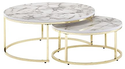 möbelando Couchtisch 2er Set Weiß Gold Marmor Optik Sofatisch Rund Modern | Couchtische 2-teilig Metall | Runde Wohnzimmertische | Design Satztische