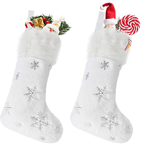 DIYASY 2 Pack Christmas Stocking, Large White Plush Faux Fur Xmas Stockings with Silver Glitter Snow Flakes for Christmas Party Gift Fireplace Tree Decoration