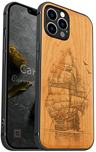 Carveit Coque en Bois pour iPhone 12 Pro Max Compatible avec MagSafe et Chargement sans Fil Étui de téléphone Antichoc de 12 Pro Max Etui magnétique TPU Bumper (Cerise-Vieux Voilier)