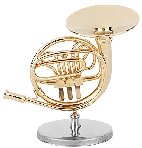 Cyrank Miniatur-Waldhorn, goldenes Waldhorn-Musikinstrument-Ornament mit Ständer für musikalisches Geschenk