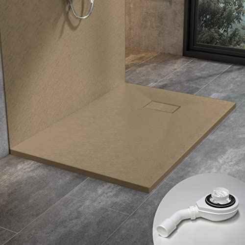 WITEN&NOCK Duschwanne 120x90 cm SMC Brausewanne helles Brauen Steinoptik Antirutsch Duschtasse Höhe 3,2 cm Niedrige Schwelle Extraflach Brausetasse und Ablaufgarnitur Ø 90 mm