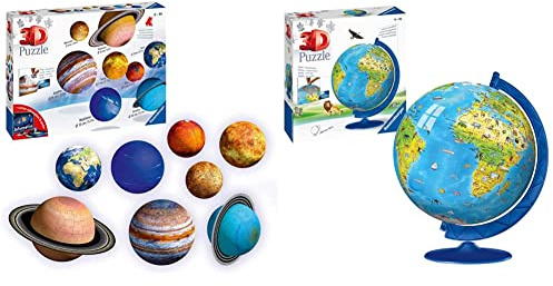Ravensburger Planetary Solar System 3D Globe Jigsaw Puzzle Set for Kids Age 6 Years Up - Space & Planets - No Glue Required & Children’s World Globe 3D Jigsaw Puzzle