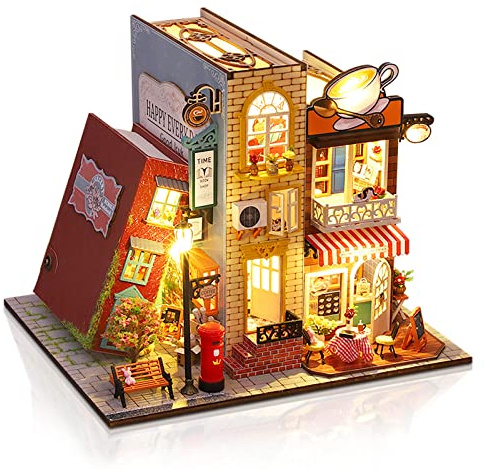 Cuteefun Puppenhaus Miniatur mit Möbeln, Miniatur Haus mit Musik, DIY Hölzernes Puppenhaus für Erwachsene, Geschenk zum Geburtstag (Buch & Kaffee)