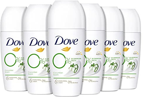 Dove 0% Desodorante Roll-On Pepino y Té Verde Protección 48 horas Antitranspirante, 50 ml, pack de 6 Unidades