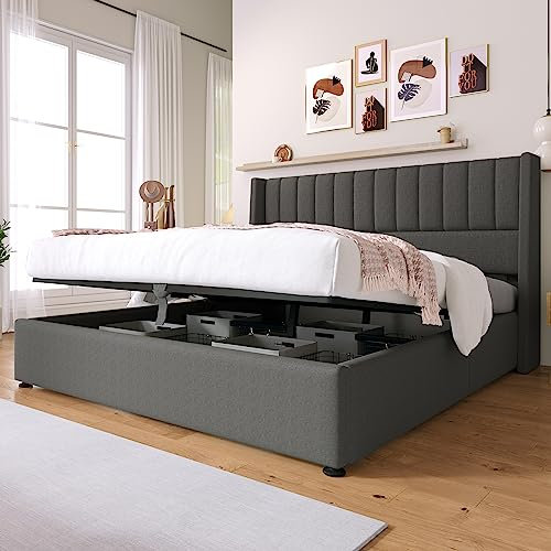 Merax Polsterbett 180 x 200cm, Hydraulisch Doppelbett mit Lattenrost & Bettkasten, Stauraumbett mit Kopfteil, Metallrahmen, Leinen, für Erwachsene & Jugendliche, ohne Matratze, Grau-Streifen