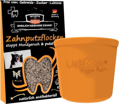 QCHEFS Zahnputzflocken & Lickimat Yoggie Pot Hund Leckmatte Zahnpflege | Belohnung und Beschäftigung, Zahnpflege, Mundgeruch, schlecken nach Hundefutter, Beruhigung alleine zuhause, Kong