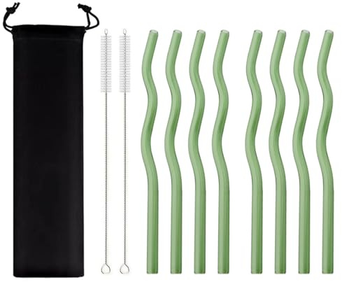 JASHII Cannucce di vetro ondulate verdi, 8 pezzi, 20 x 0,8 cm, riutilizzabili, con custodia nera, cannucce di vetro multicolore per bere bevande, caffè, latte, tè